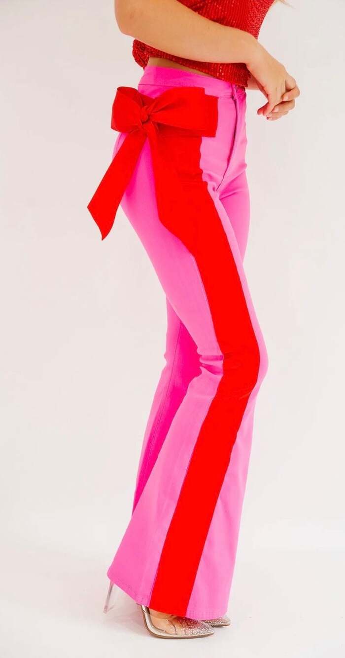 Judith March Holiday Season Pink and Red Flare Pants with Side Bow